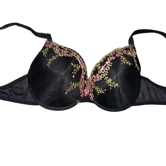 Vintage QT Bra Black Pink Floral Embroidered 38C Rayon Nylon Adjustable Straps - Picture 3 of 8